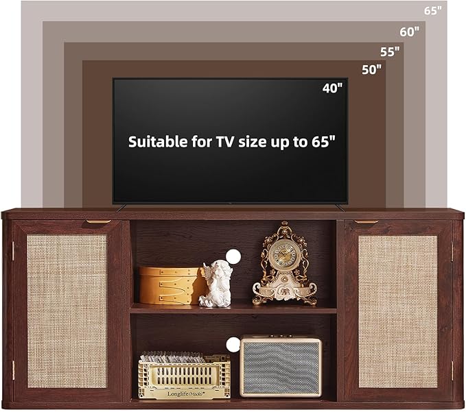 LEYAOYAO Rattan TV Stands for Living Room, Boho Entertainment Center with Storage and Open Shelf, Wood Media Console for 50-65 Inch TV, Walnut