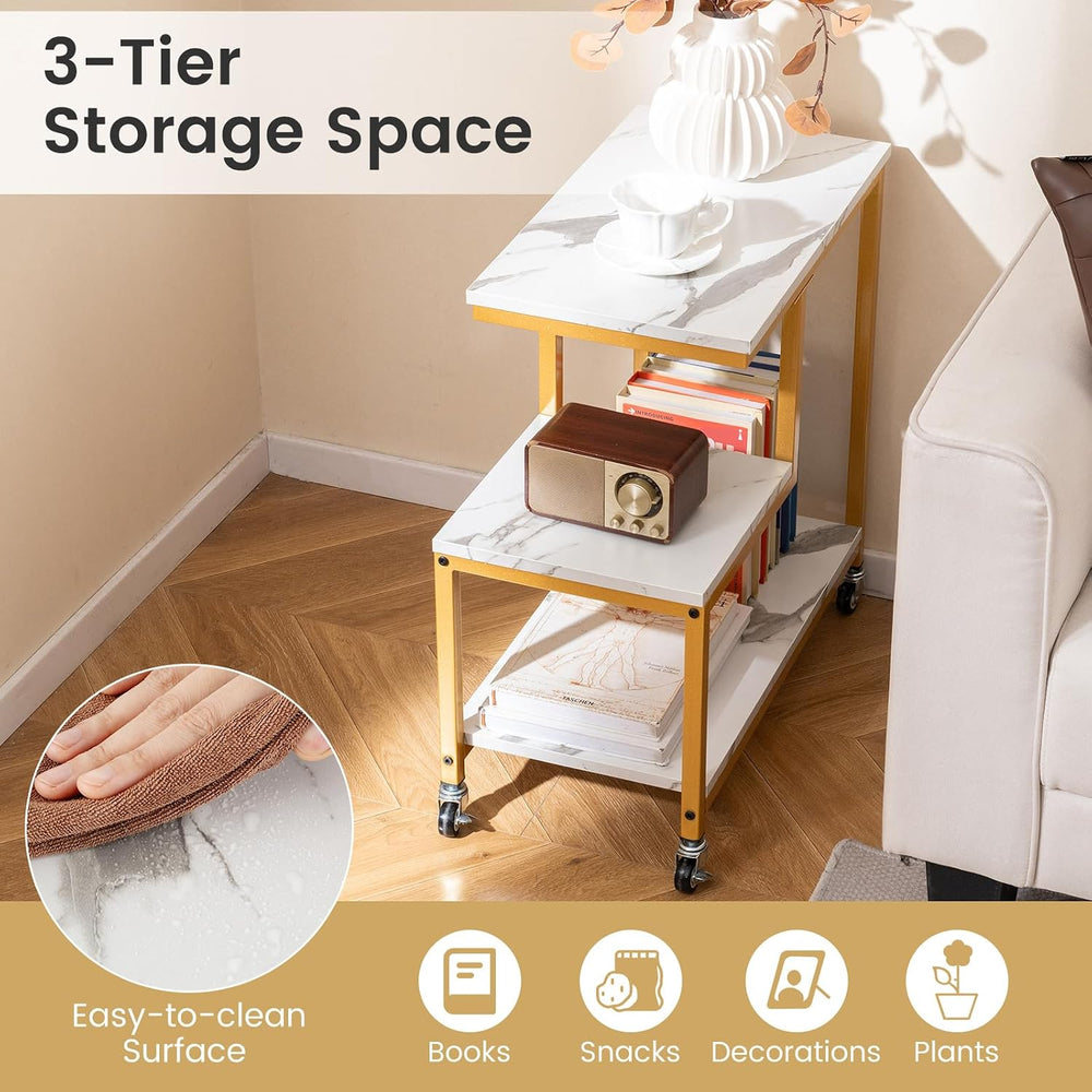 Giantex 3-Tier Side Table with Wheels, G-Shaped Mobile End Table with Open Sh...