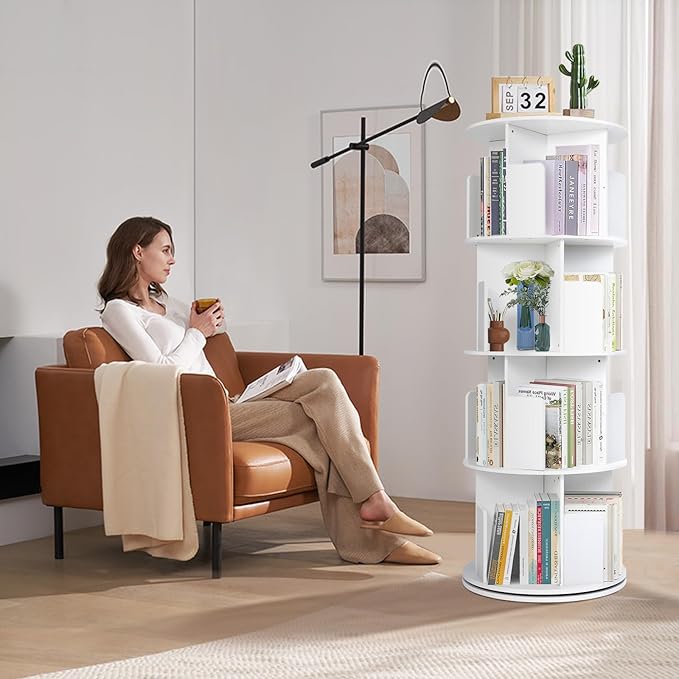 Rotating Bookshelf,Wooden Rotating Corner 4-Tier 360 Display Spinning Floor Standing Bookcase White Stackable Bookshelf Storage Rack Organizer for Small Space Bedroom Living Room Study Room