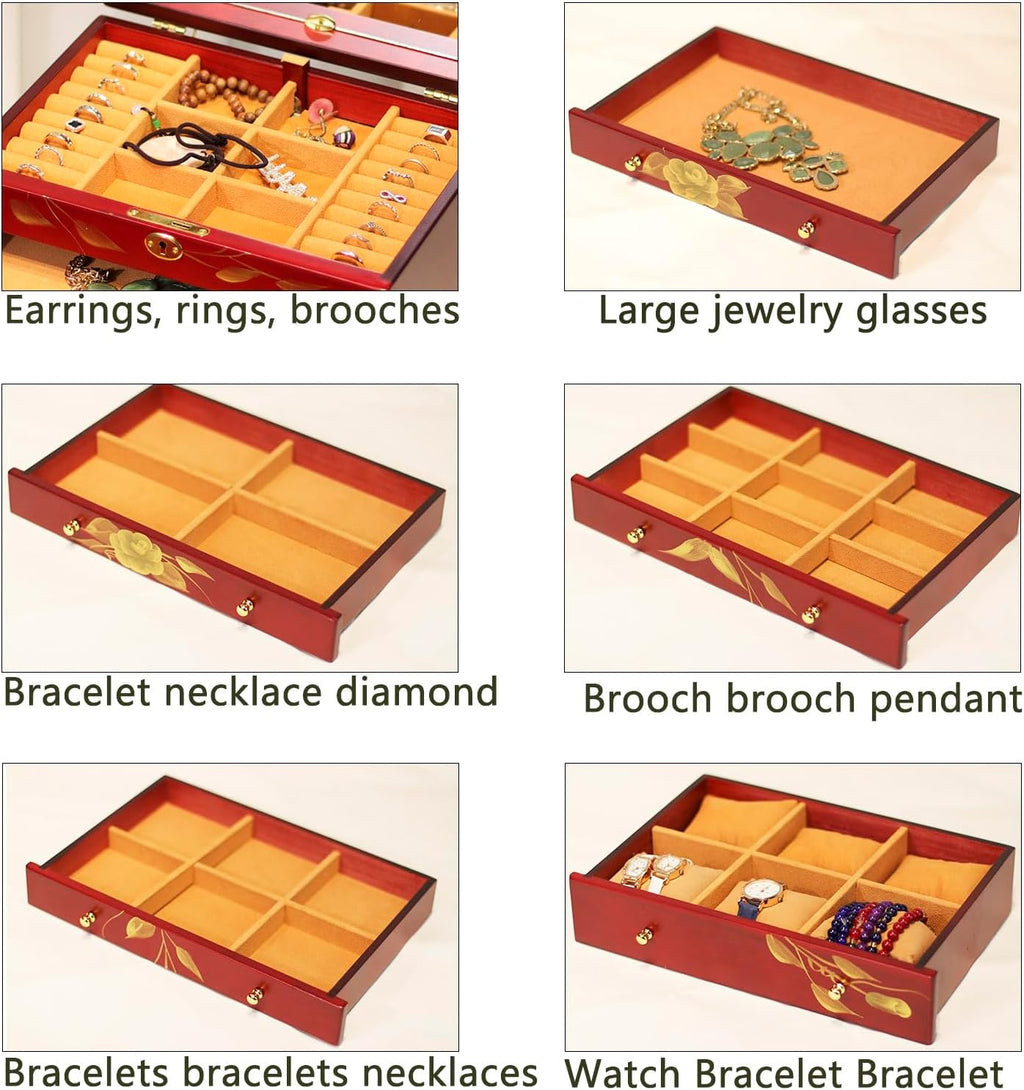 Hand-drawn rose wood jewelry box 6-Layer Jewelry Organizer for women,Large capacity jewelry storage box with lock in red color,store glasses,watches,necklaces,rings,earrings