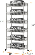 SINGAYE 6 Tier Big Basket Shelf Wire Shelving Unit Adjustable Storage Shelves Rack for Garage Kitchen Office Pantry Corner Metal with Wheels White