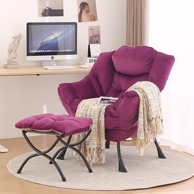 Tiita Lazy Chair with Ottoman, Modern Large Accent Lounge Armchair, Comfy Leisure Sofa Reading Chair with Footrest for Bedroom, Living Room, Dorm Rooms, Garden and Courtyard, Velvet Dark Purple