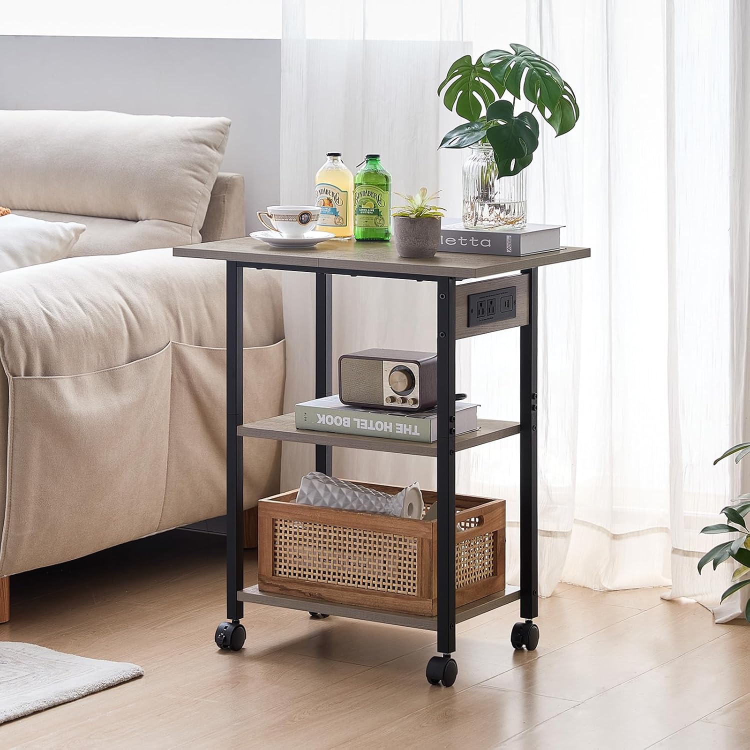 Lerliuo 3-Tier Printer Stand with Charging Station, Industrial Mobile Printer Table with Storage Shelf and Steel Frame, Rolling Printer Cart Holder with Lockable Wheels for Home, Office (Oak)