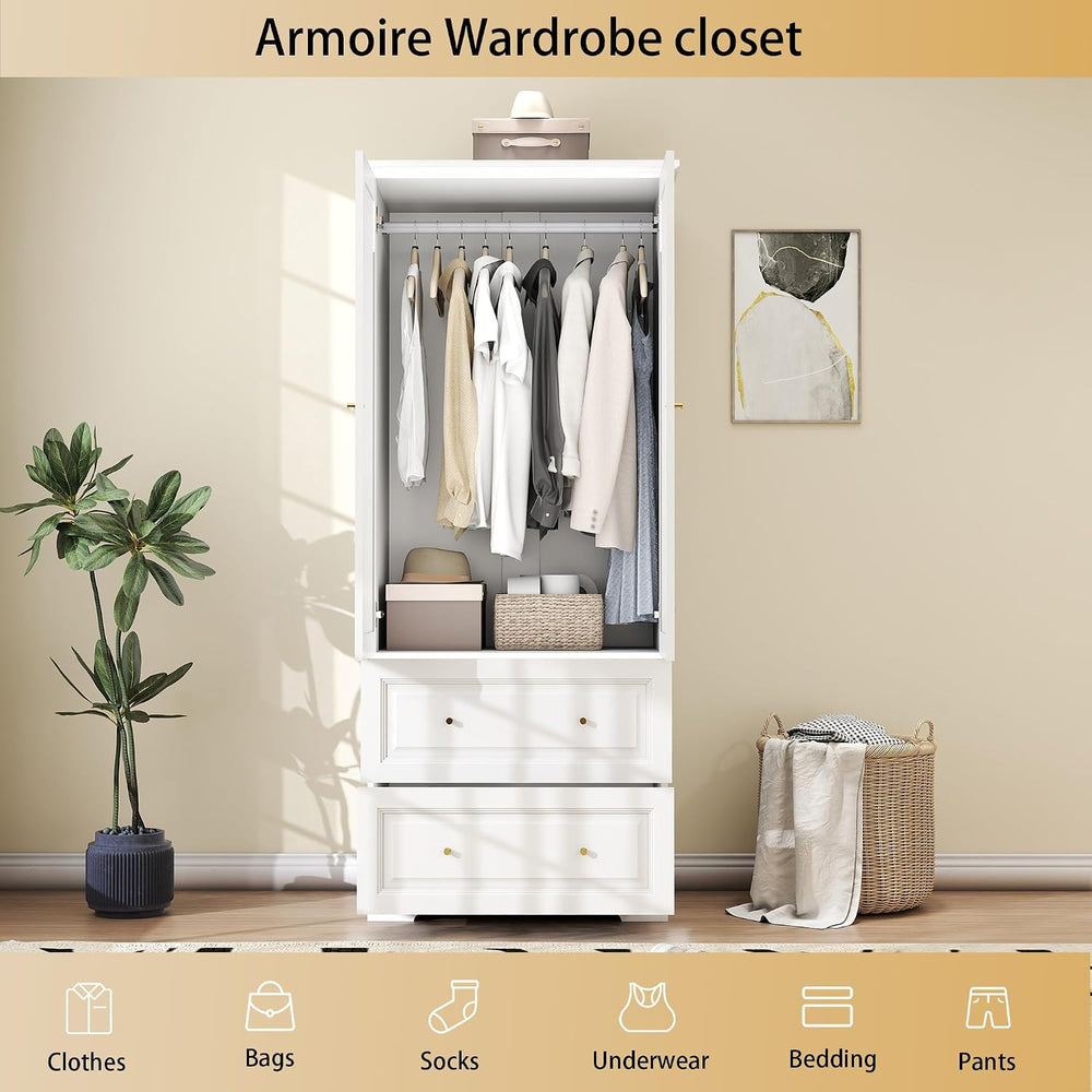 Bedroom Armoires Wardrobe Closet with 2 Doors: 74" White Wardrobe Cabine...