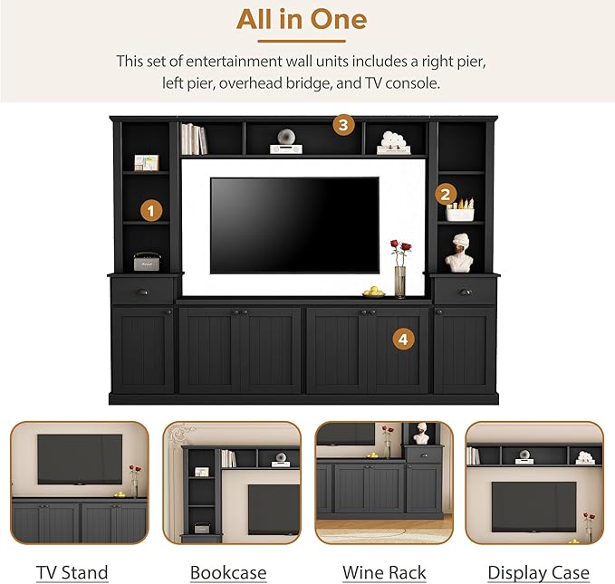 Merax Minimalist 103" Entertainment Wall Unit Set with Overhead Bridge for TVs Up to 75", Modern Large Media Console with Adjustable Shelves, Ample Storage Cabinets & Drawers for Living Room, Black