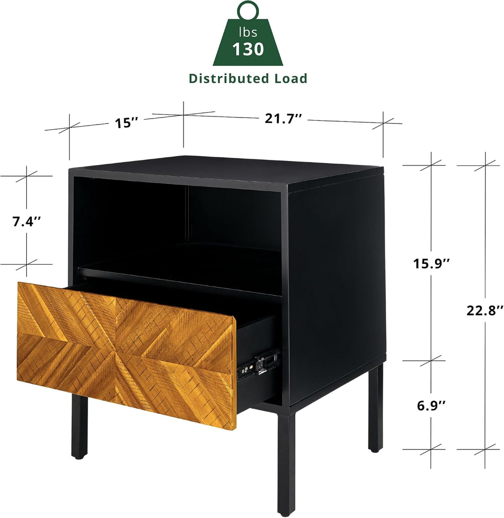 Bme Vivian Solid Wood Nightstand, End Table, Bedside Table with Herringbone P...