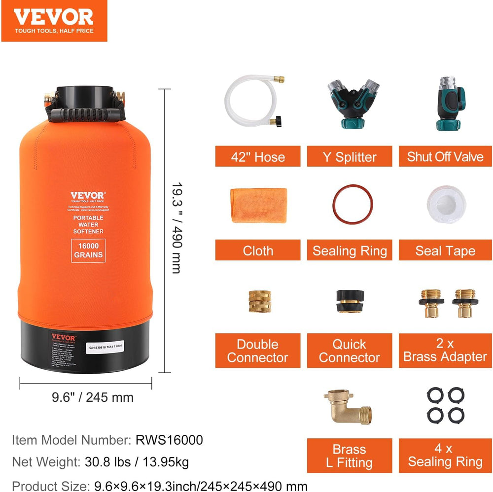 VEVOR RV Water Softener, 16,000 Grain Portable Water Softener, with 3/4"...