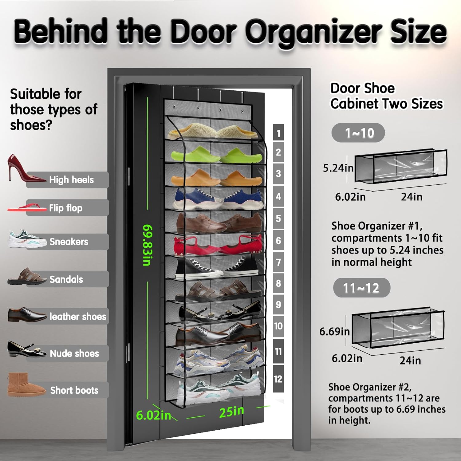 Over The Door Shoe Organizer with 12 Large Breathable Pockets - Sturdy Hanging Storage for Shoes of All Ages - Gray