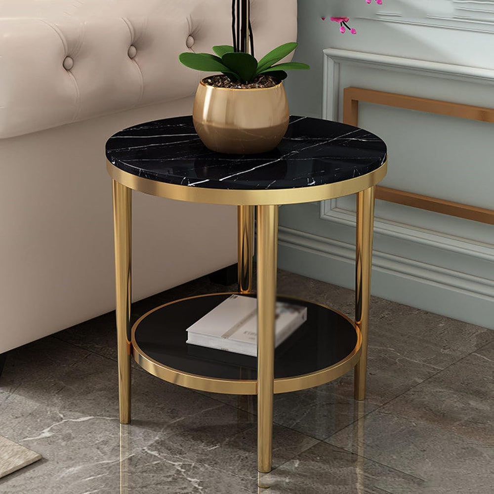 Bedside/Sofa Side Table: Stainless Steel & Marble Two-Tier Small Round Ta...