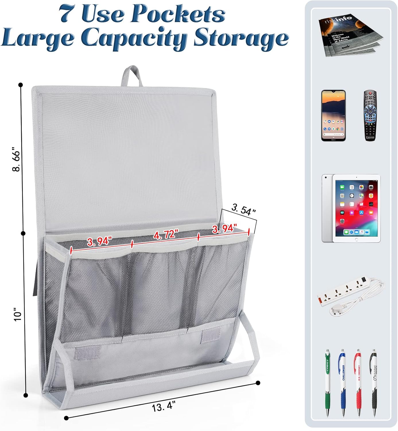Bedside Storage Organizer with Power Strip Holder and Adjustable Straps Bed Hanging Bag for Home Bunk Bed Dorm Sofa (Light Gray)