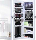 GISSAR Full Length Mirror Jewelry Cabinet, 6 LEDs Jewelry Armoire Wall Mounted Over The Door Hanging, Jewelry Organizer Display Storage Furniture with Lights Locker Mirrored Cabinet, 39.4" H, White