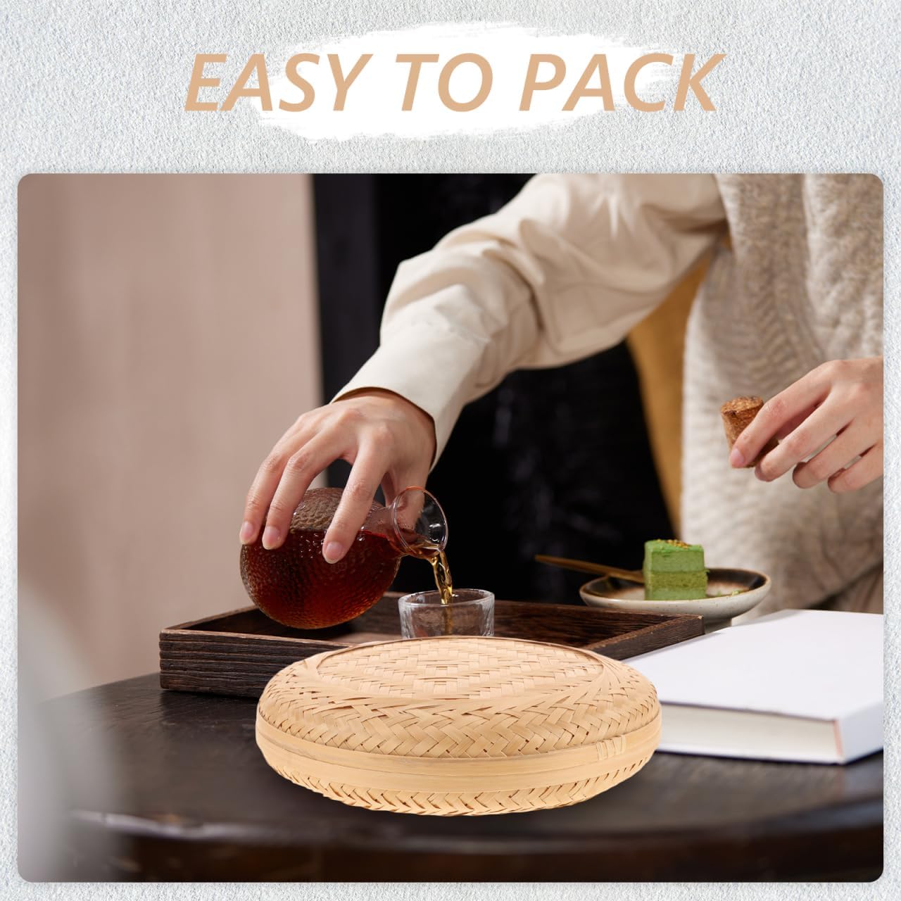 BESTOYARD Bamboo Tea Cake Box, 8.46x8.46x2.16in Woven Storage Organizer for Puerh Tea, Traditional Chest for Home & Kitchen