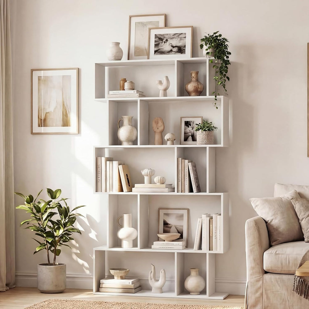 5-Tier Geometric Bookshelf w/Anti-tip Kit & 5 Closed-Back Cubbies