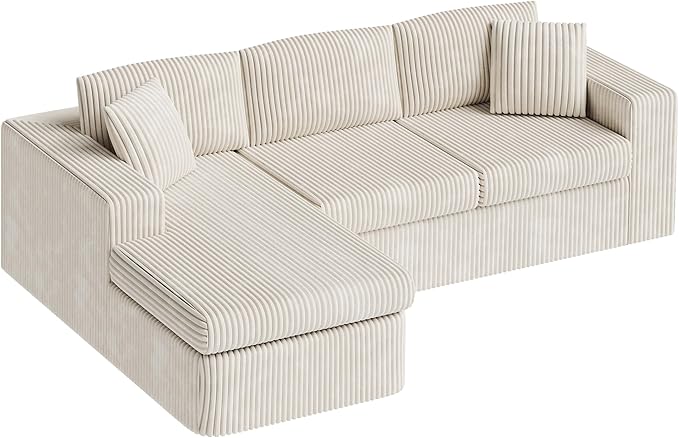 Vongrasig 105" Boneless Couches for Living Room, Sectional Couches Modular Sofa with L-Shaped Chaise, Memory Foam Comfy Cloud Couch with Plush Corduroy Fabric, No Assembly Required, Beige