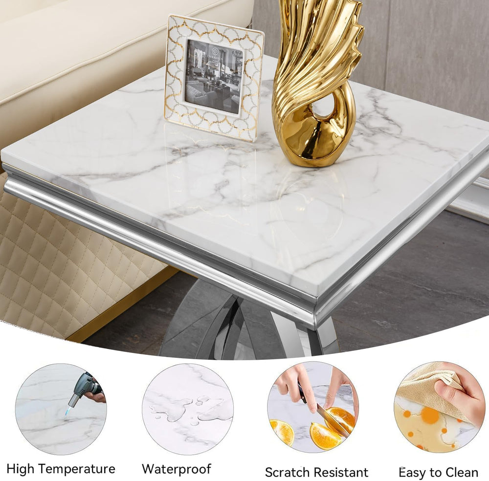Marble End Table Modern Square Silver Living Room Table Sofa Side Table with ...