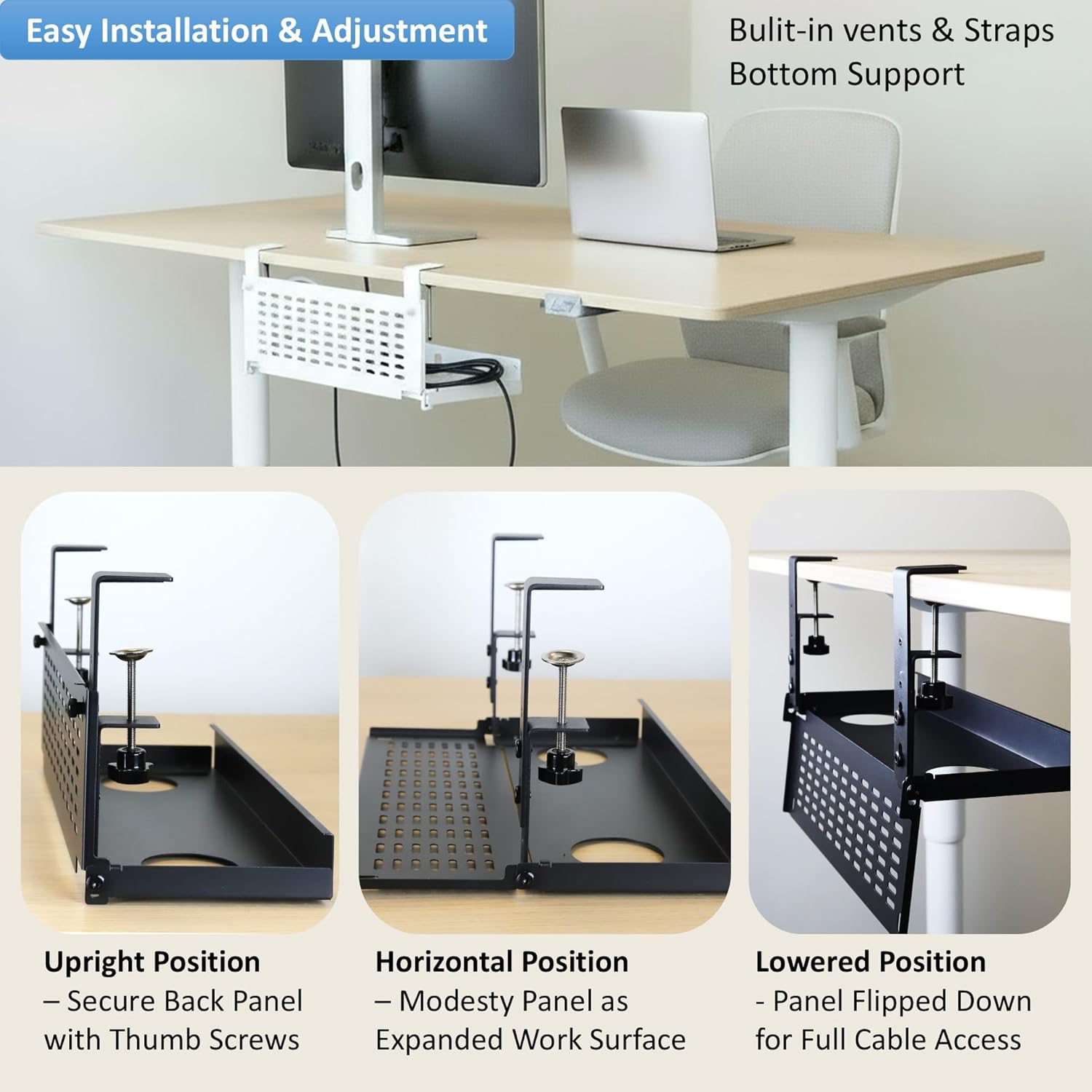 AEONS Universal Under Desk Cable Management Tray-Clamp Mount Hinged Swing Modesty Panel Organizer for Office Desks Easy Access Flip-Down position Power Strip Cord Storage No-Drill 25 lb Capacity White