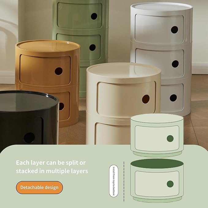 Round Nightstand with 3 Drawers, Modern Style Side Table, Multifunctional End...
