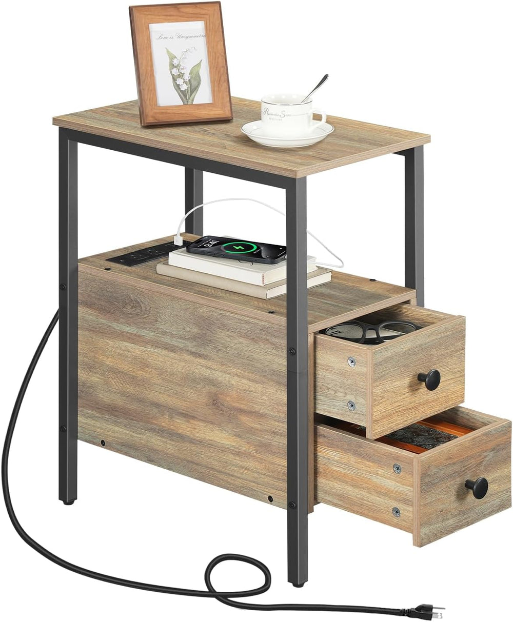HOOBRO End Table with Charging Station, Narrow Side Table with 2 Drawer &...