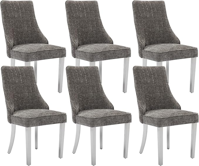Dining Chairs Set of 6，Modern Channel Tufted Upholstered Dining Chairs with Silver Stainless Steel Legs, Comfortable Chenille Fabric Kitchen Chairs for Dining Room (Grey, 6pc)