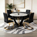 47" Round Glass Black Gold Dining Table Set for 4, Faux Marble Kitchen Table with 4 Black Gold Chairs, Modern High Glossy Base Table Set for Kitchen Dining Room