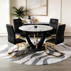 47" Round Glass Black Gold Dining Table Set for 4, Faux Marble Kitchen Table with 4 Black Gold Chairs, Modern High Glossy Base Table Set for Kitchen Dining Room