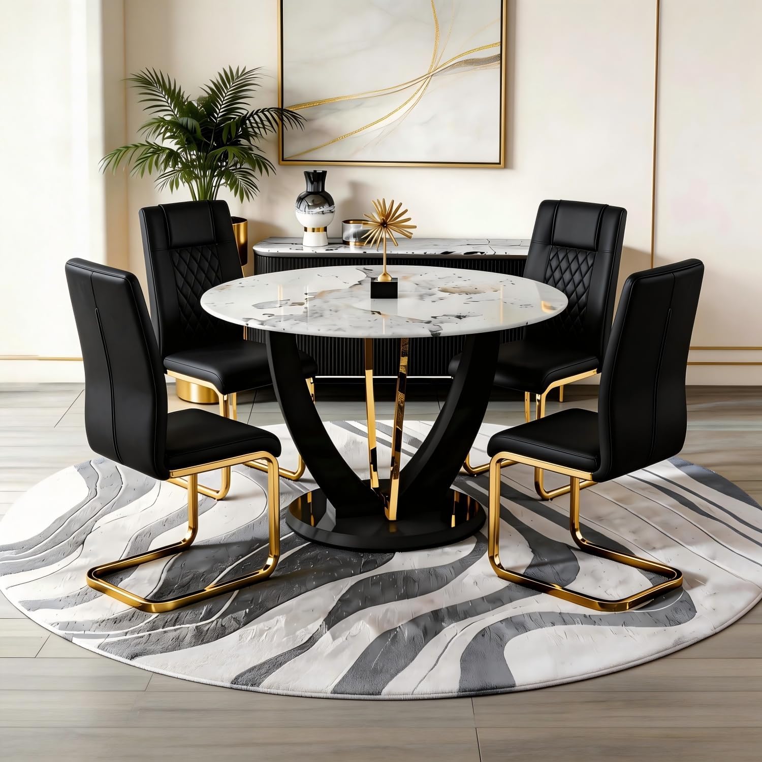 47" Round Glass Black Gold Dining Table Set for 4, Faux Marble Kitchen Table with 4 Black Gold Chairs, Modern High Glossy Base Table Set for Kitchen Dining Room