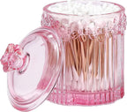 Pink Qtip Cotton Ball Hair Ties Candy Holder Makeup Storage Bathroom Accessories Organizer Thick Glass Apothecary Jars with Lid, 2pcs
