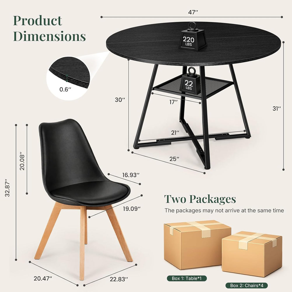 47in Round Dining Table Set for 4, Kitchen Table with Chairs | Circle Table, ...