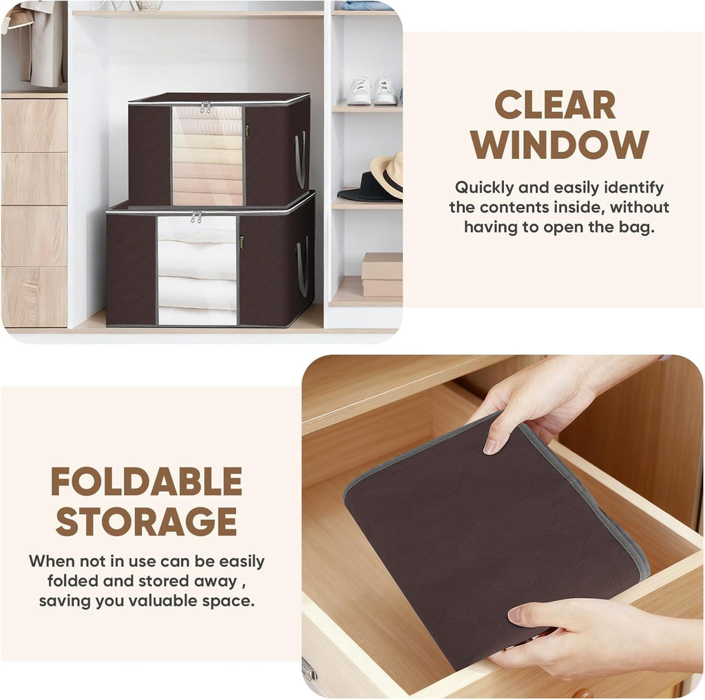 BALEINE 2 Pack Clothes Storage Bags, 24 Gallon Storage Containers with Reinforced Handle, Sturdy Zipper, Closet Organizer for Blanket, Comforter, Pillow, Bedding (Brown, 2 Pack)