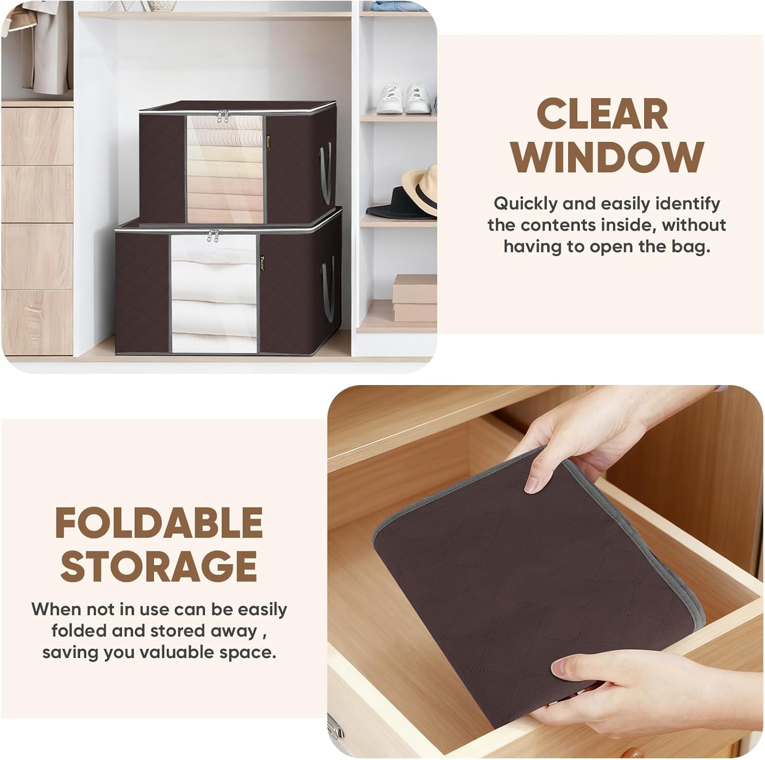 BALEINE 4 Pack Clothes Storage Bags, 16 Gallon Storage Containers with Reinforced Handle, Sturdy Zipper, Closet Organizer for Blanket, Comforter, Pillow, Bedding (Brown, 4 Pack)