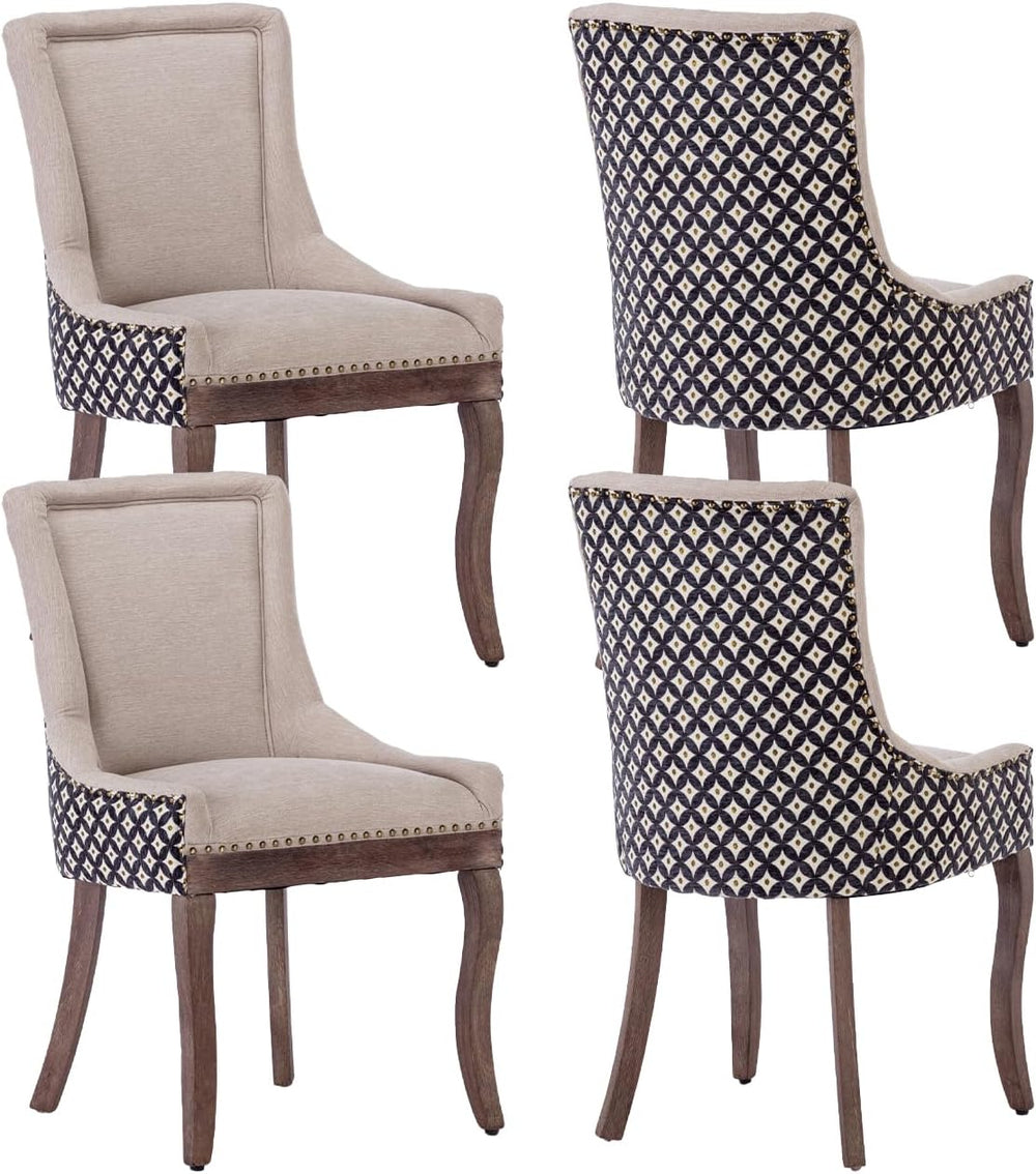 Beige Pattern Upholstered Dining Chairs Set of 4, Farmhouse Kitchen Chairs | ...