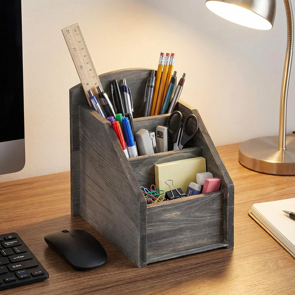 MyGift Rustic Dark Gray Wood Remote Control Holder Organizer Caddy with 3 Compartments, TV & Media Remote Storage Box for Living Room