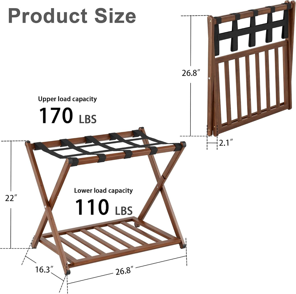 Fully Assembled Luggage Rack Set of 2 for Guest Room, Bamboo Suitcase Stand with Foldable Storage Shelf, Crossed Nylon Straps Folding Luggage Holder for Bedroom and Hotel, Walnut