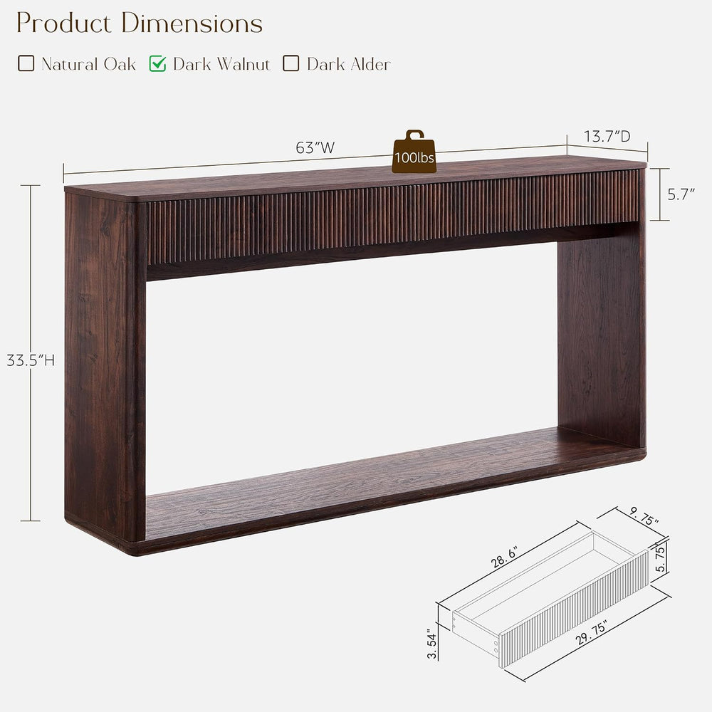 OKD 63" Fluted Console Table for Entryway with 2 Large Drawers, Dark Wal...