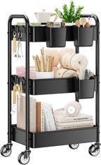 YASONIC 3 Tier Rolling Cart - Metal Utility Cart with Wheels, Hanging Cups, Hooks, Heavy Duty Mesh Rolling Storage Cart Organizer, Craft Cart for Kitchen Office, Lightweight and Sturdy