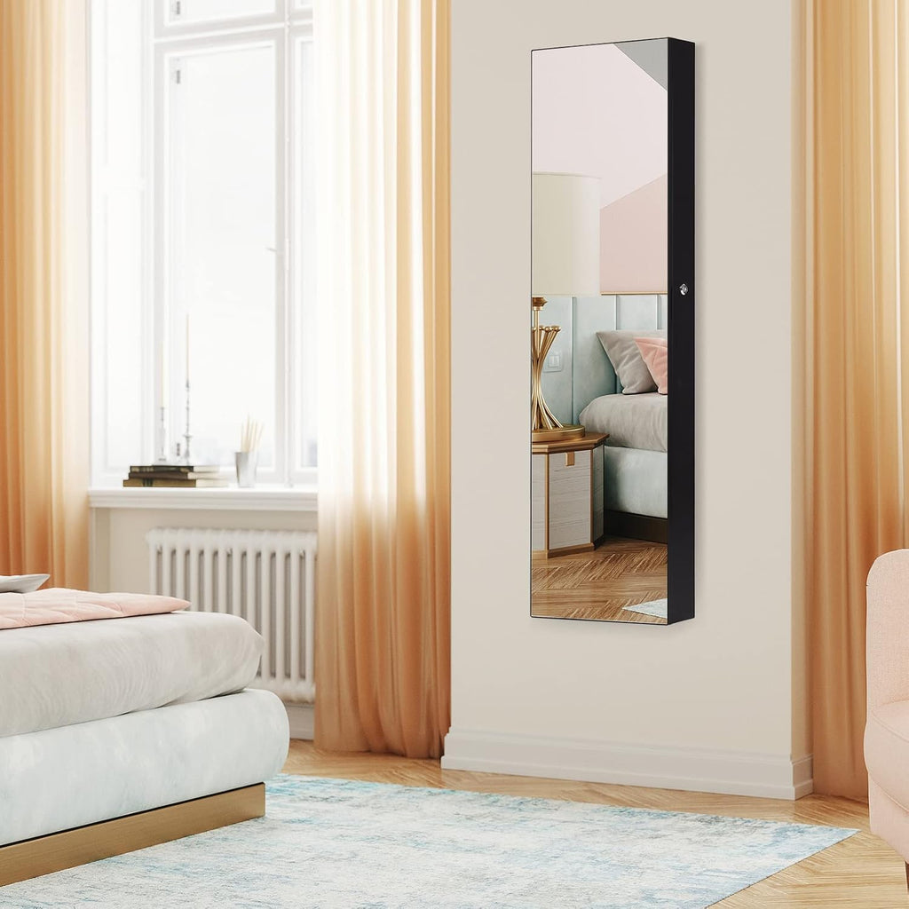 COSTWAY Wall Mounted Jewelry Armoire with Full Length Mirror & 2 LED Lights, Large Storage Capacity, Lockable Mirror Jewelry Cabinet for Women Girls (Black)