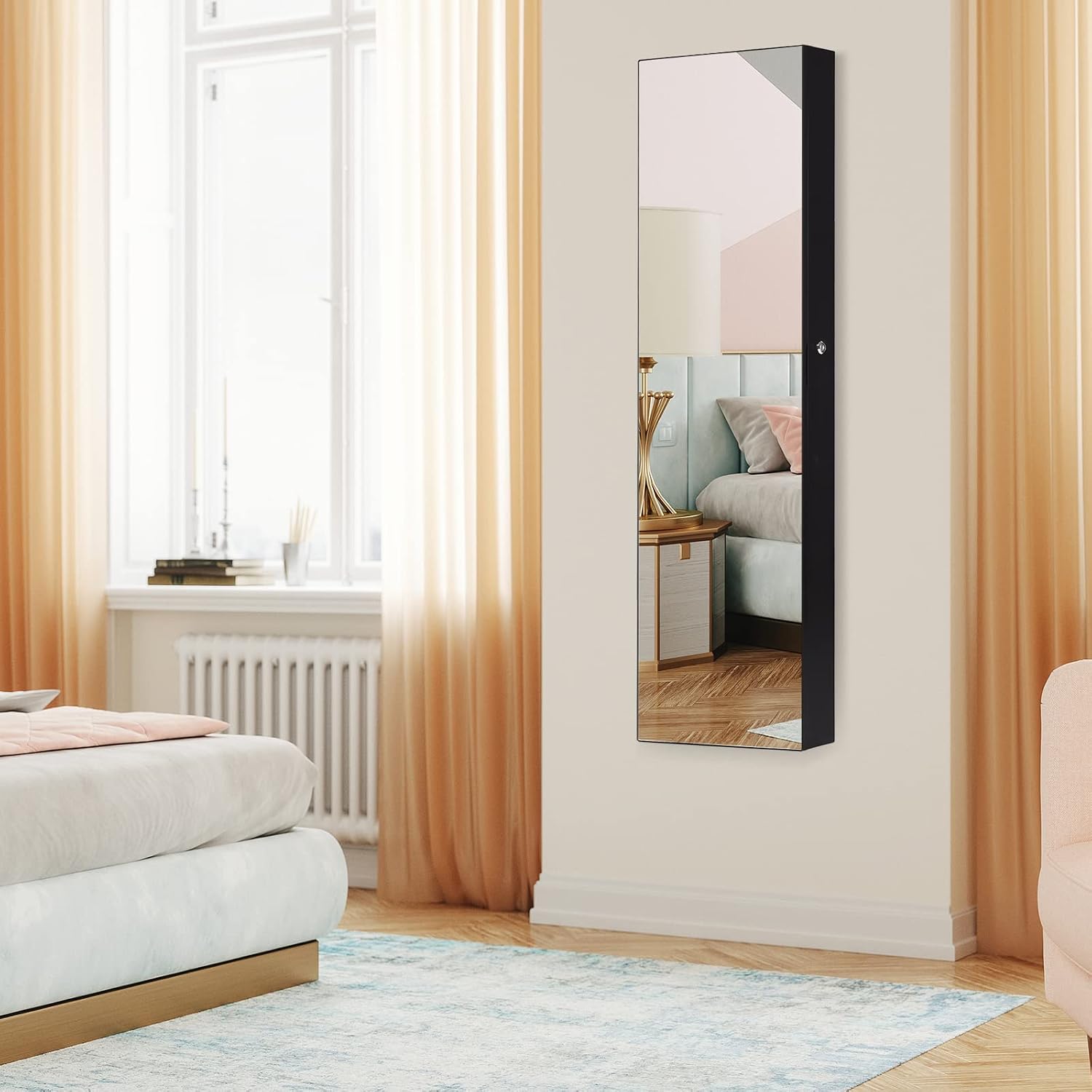 COSTWAY Wall Mounted Jewelry Armoire with Full Length Mirror & 2 LED Lights, Large Storage Capacity, Lockable Mirror Jewelry Cabinet for Women Girls (Black)