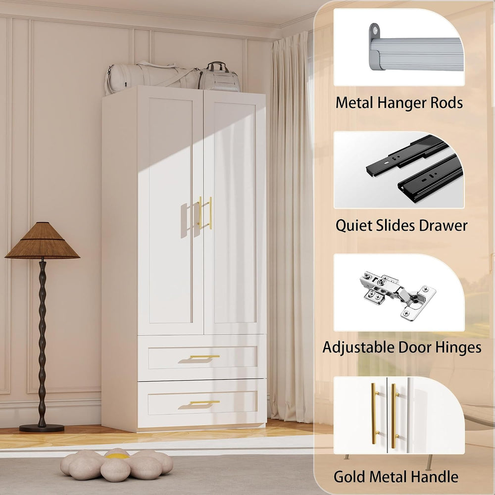White Wardrobe with 2 Doors: 75" Tall Armoire Wardrobe Closet with 2 Dra...