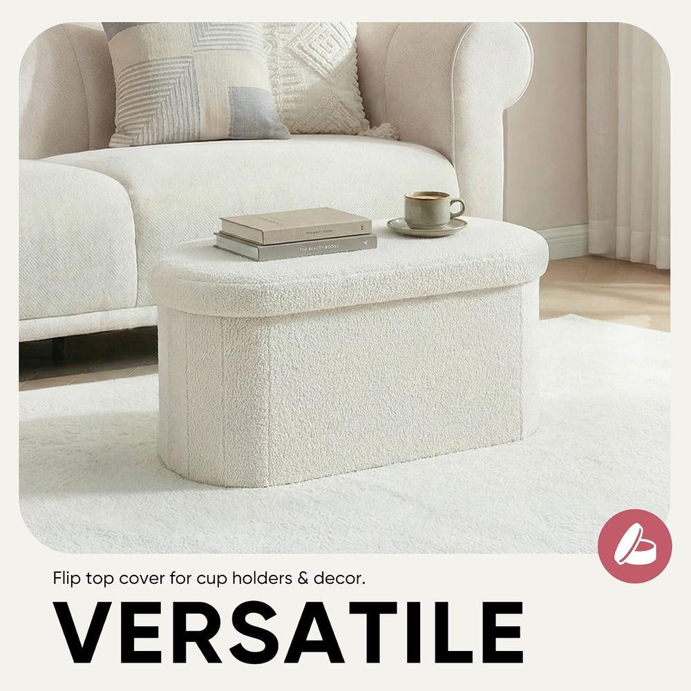 30 Inches Oval Ottoman with Storage, Boucle Sherpa Storage Ottoman Bench, Fol...