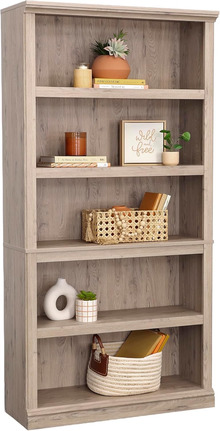 Sauder 5 Tier Book Shelf Wooden Bookcase Multipurpose Bookshelf for Home Offi...