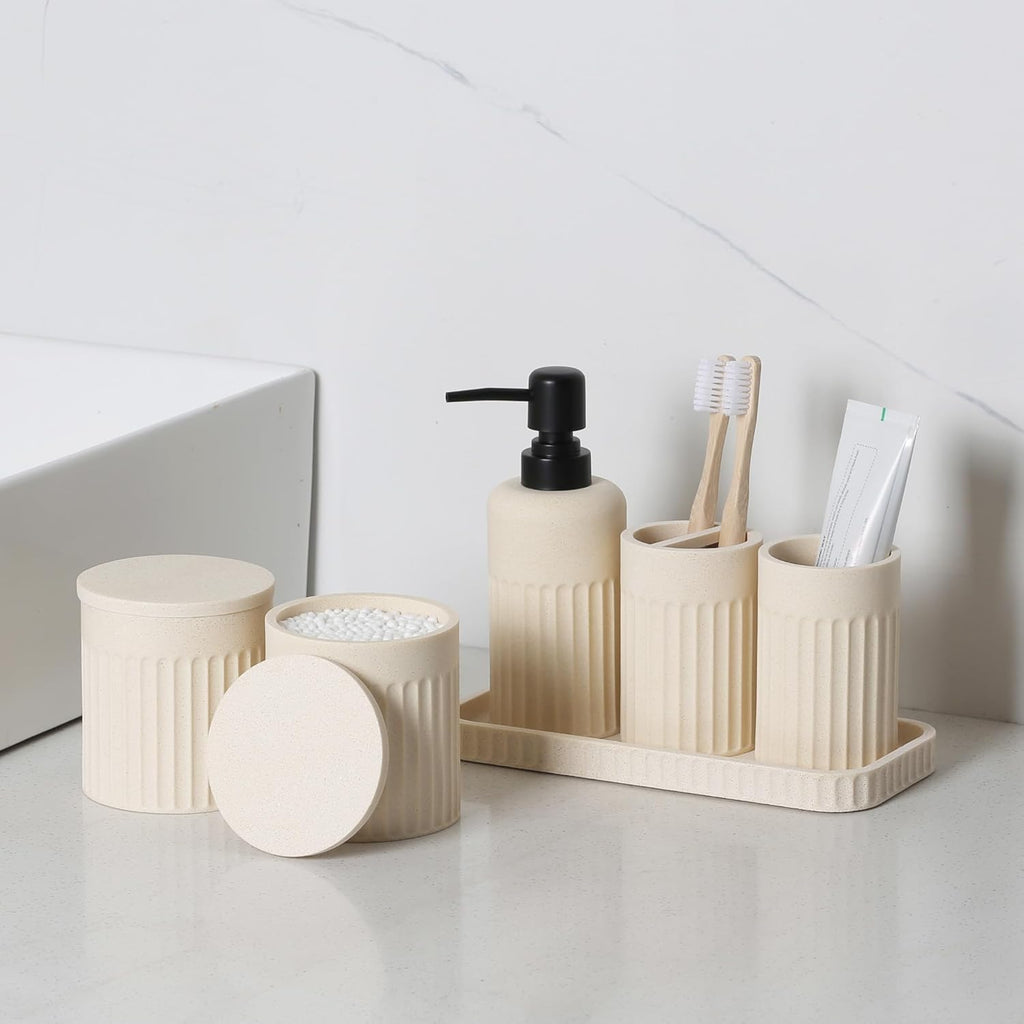 Bathroom Accessory Set - 6 Pieces Bathroom Accessories Set Complete with Soap Dispenser, Toothbrush Holders, Tumbler, Vanity Tray and 2 Qtip Holder for Home Organizer and Decor, Beige