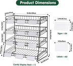 4-Tier Black Stackable Candy Display Rack, Snack Organizer For Countertop, Stores, Offices with 24 Signs and 60 Labels (Black-2 Pack)