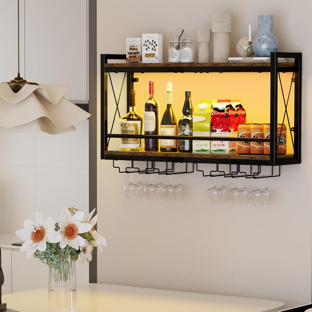 Shikha LED Wall Mounted Wine Rack with Glass Holder for Home Bar Kitchen | 31.4 Inch Retro Hanging Wine Display Shelf with RGB LED Lights, Stemware Holder, 2 Tier Wood-Metal Wine Bottle Storage Rack