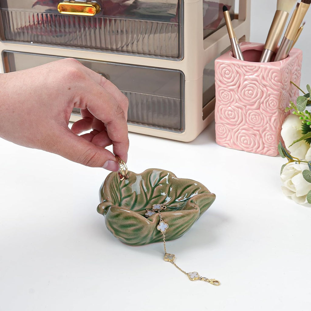 3.5' Green Cute Leave Ceramic Jewelry Tray for Dressing Table | Petite Bowl Keeps Rings, Earrings, Keys, and Keepsakes Visible on Vanities or Dressers, Making a Sweet Gift for Women