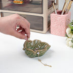 3.5' Green Cute Leave Ceramic Jewelry Tray for Dressing Table | Petite Bowl Keeps Rings, Earrings, Keys, and Keepsakes Visible on Vanities or Dressers, Making a Sweet Gift for Women