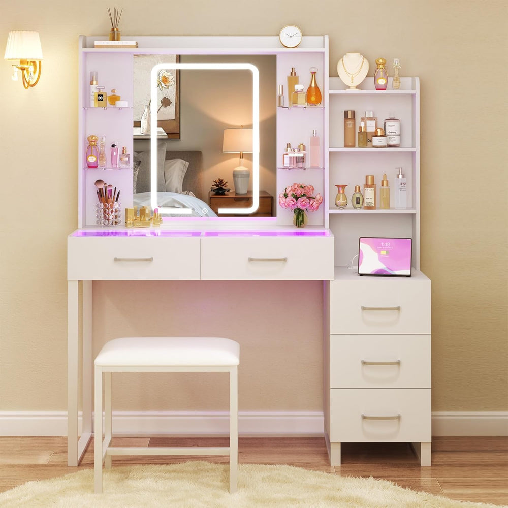 HUAHUU Vanity Desk with Mirror and Lights 3 Colors, 43.3" Makeup Vanity ...
