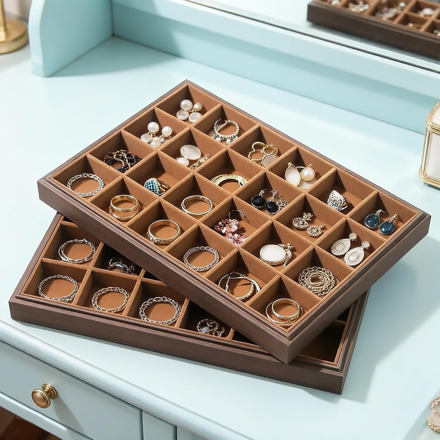 Wood Jewelry Organizer Tray, Earrings Holder (Brown, 2Pc, 24 Grids) | Stackable Earrings Organizer, Earrings Display Tray, 24 Grids Ring Holder, Space-Saving Storage