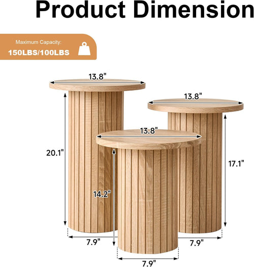3-Piece Nesting Coffee Table Set, Modern Small Round Wood Side Tables, Fluted Drum Base, for Living Room Bedroom Apartment Small Space, Natual