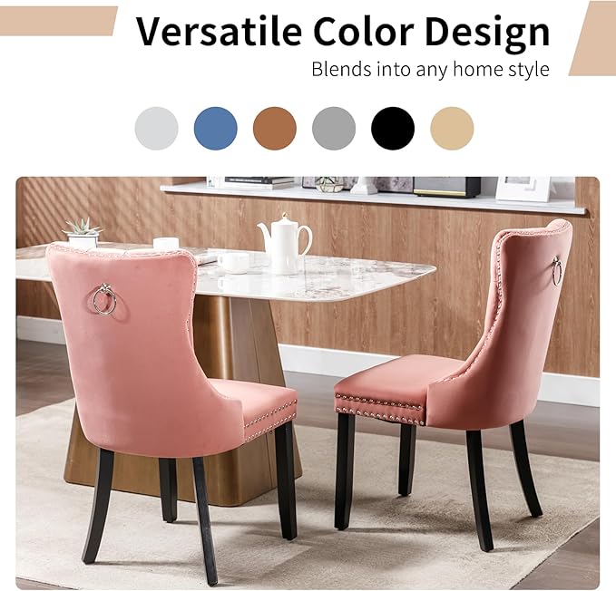 Modern Dining Chairs Set of 8, Tufted Upholstered Dining Chair with Solid Wood Legs, Pink Velvet Accent Chair, Sillas de Comedor, Kitchen & Dining Room Chairs (Pink, Velvet, 8Pcs)