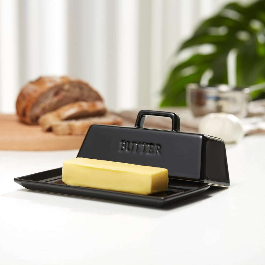 Butter Dish with Lid for Countertop, by Kook, Ceramic Dish Tray with Cover, Kitchen Keeper, Container, Holder, Holds 1 Stick, Microwave and Dishwasher Safe, Black